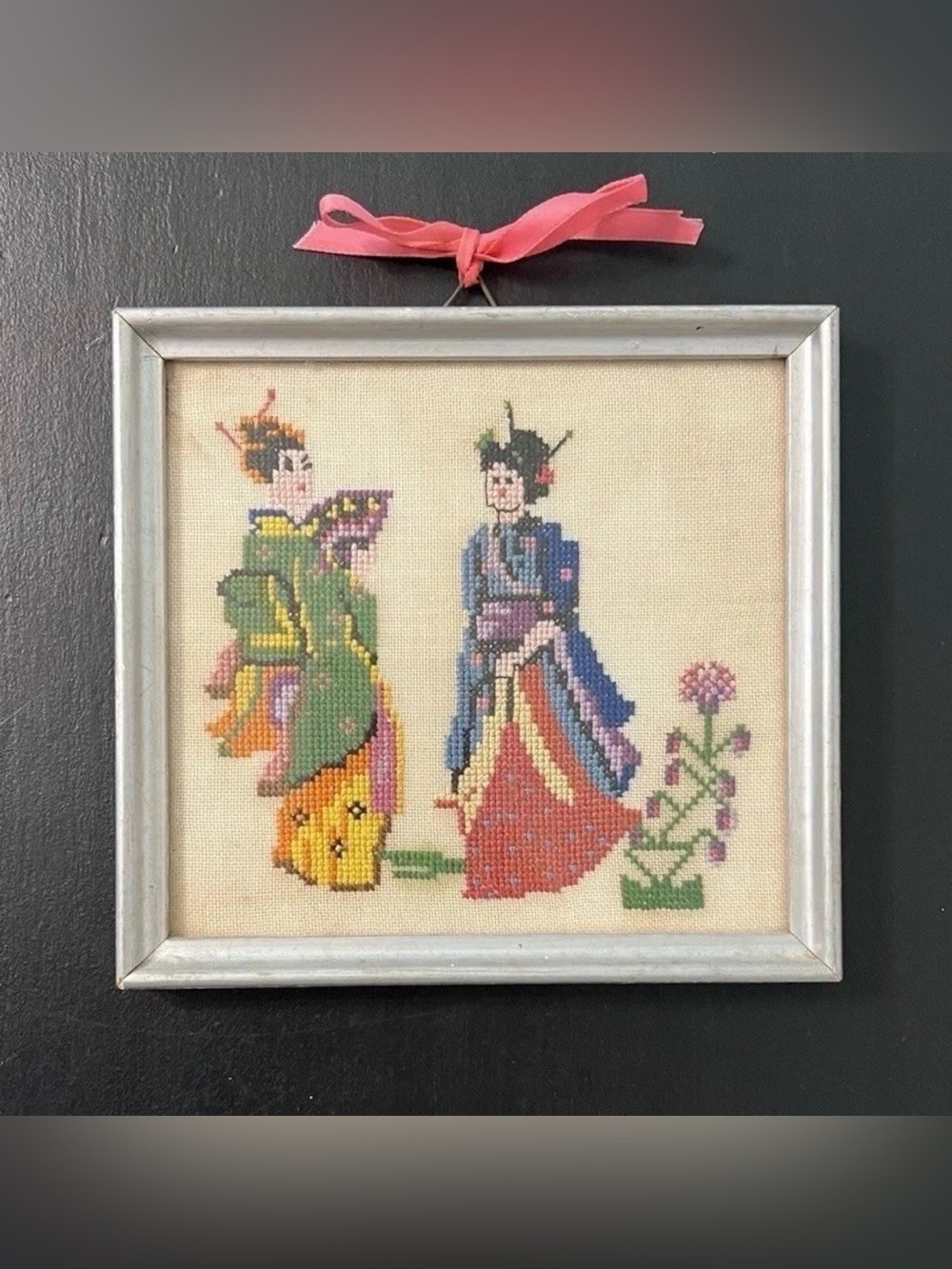 Vtg Framed Cross Stitch Japanese Geishas Needlepoint Handmade Wall Art Decor MCM